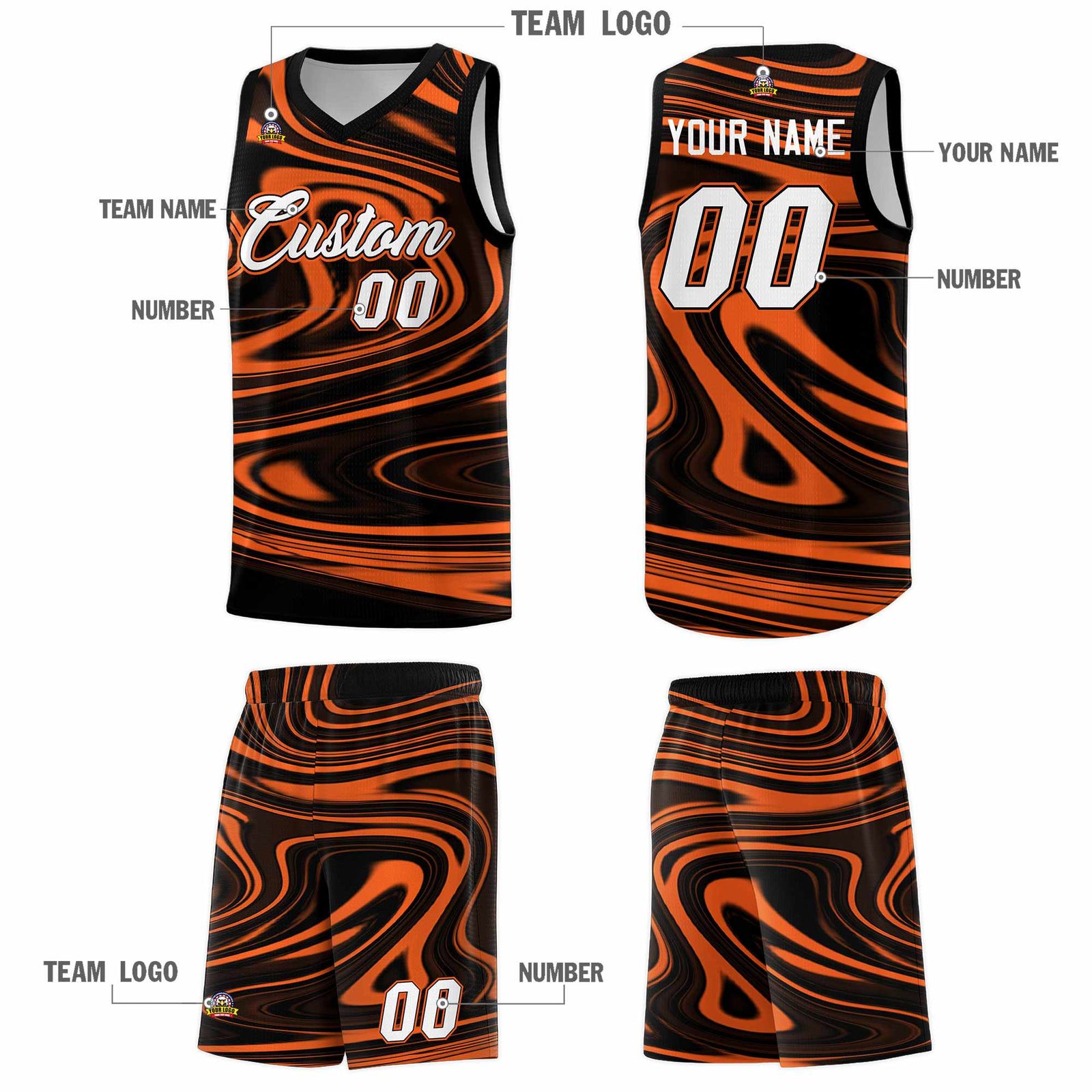 Custom Black Orange Graffiti Pattern Fluids Style Sports Uniform Basketball Jersey Sets
