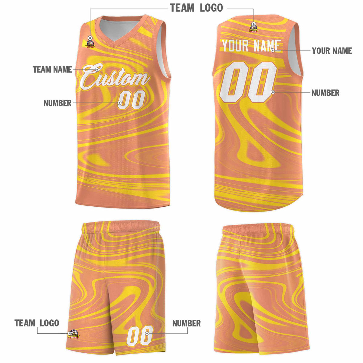 Custom Light Orange Gold Graffiti Pattern Fluids Style Sports Uniform Basketball Jersey Sets