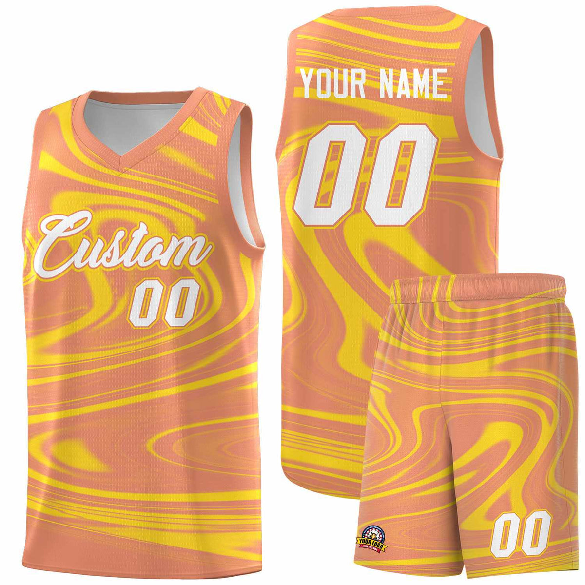 Custom Light Orange Gold Graffiti Pattern Fluids Style Sports Uniform Basketball Jersey Sets