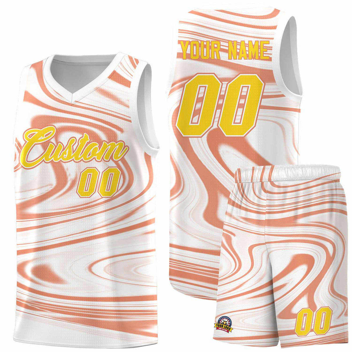 Custom White Light Orange Graffiti Pattern Fluids Style Sports Uniform Basketball Jersey Sets