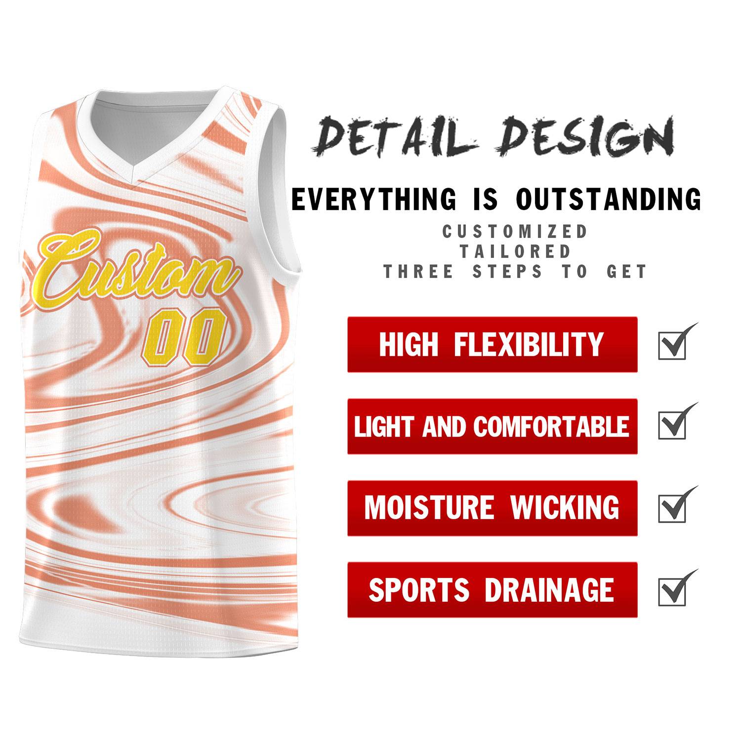 Custom White Light Orange Graffiti Pattern Fluids Style Sports Uniform Basketball Jersey Sets