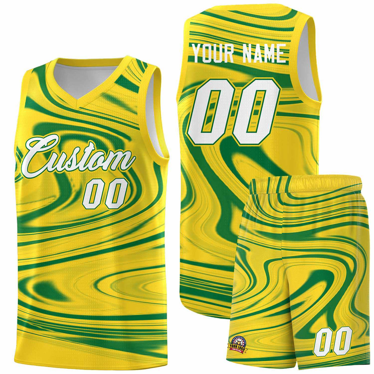 Custom Gold Kelly Green Graffiti Pattern Fluids Style Sports Uniform Basketball Jersey Sets