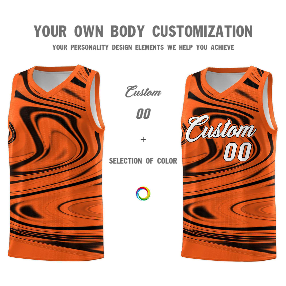 Custom Orange Black Graffiti Pattern Fluids Style Sports Uniform Basketball Jersey Sets