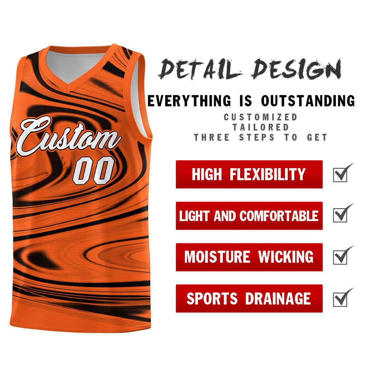 Custom Orange Black Graffiti Pattern Fluids Style Sports Uniform Basketball Jersey Sets