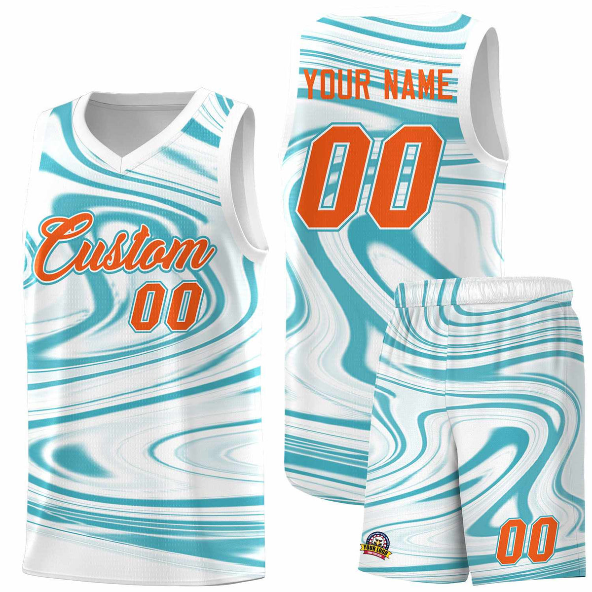 Custom White Aqua Graffiti Pattern Fluids Style Sports Uniform Basketball Jersey Sets
