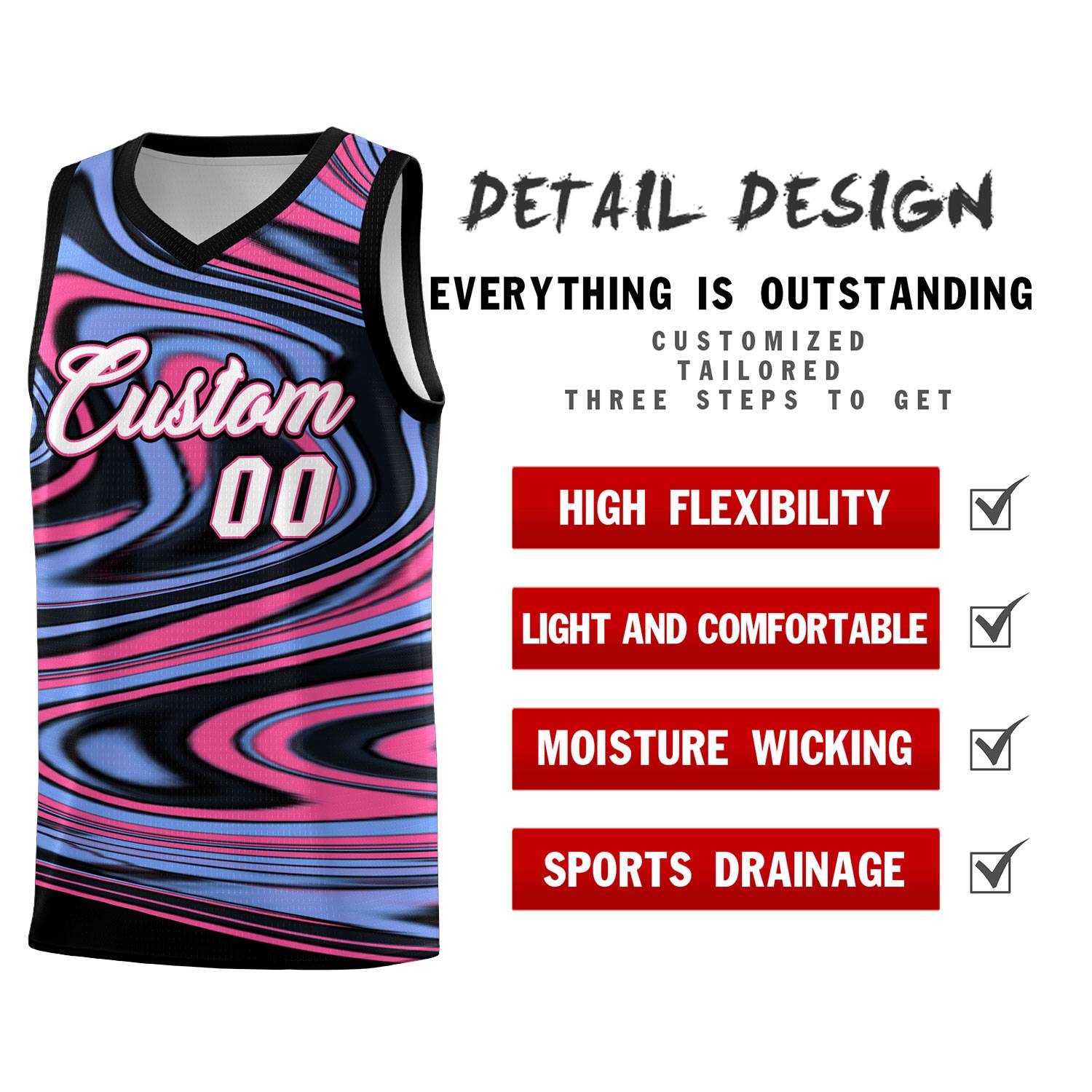 Custom Black Light Blue Graffiti Pattern Fluids Style Sports Uniform Basketball Jersey Sets