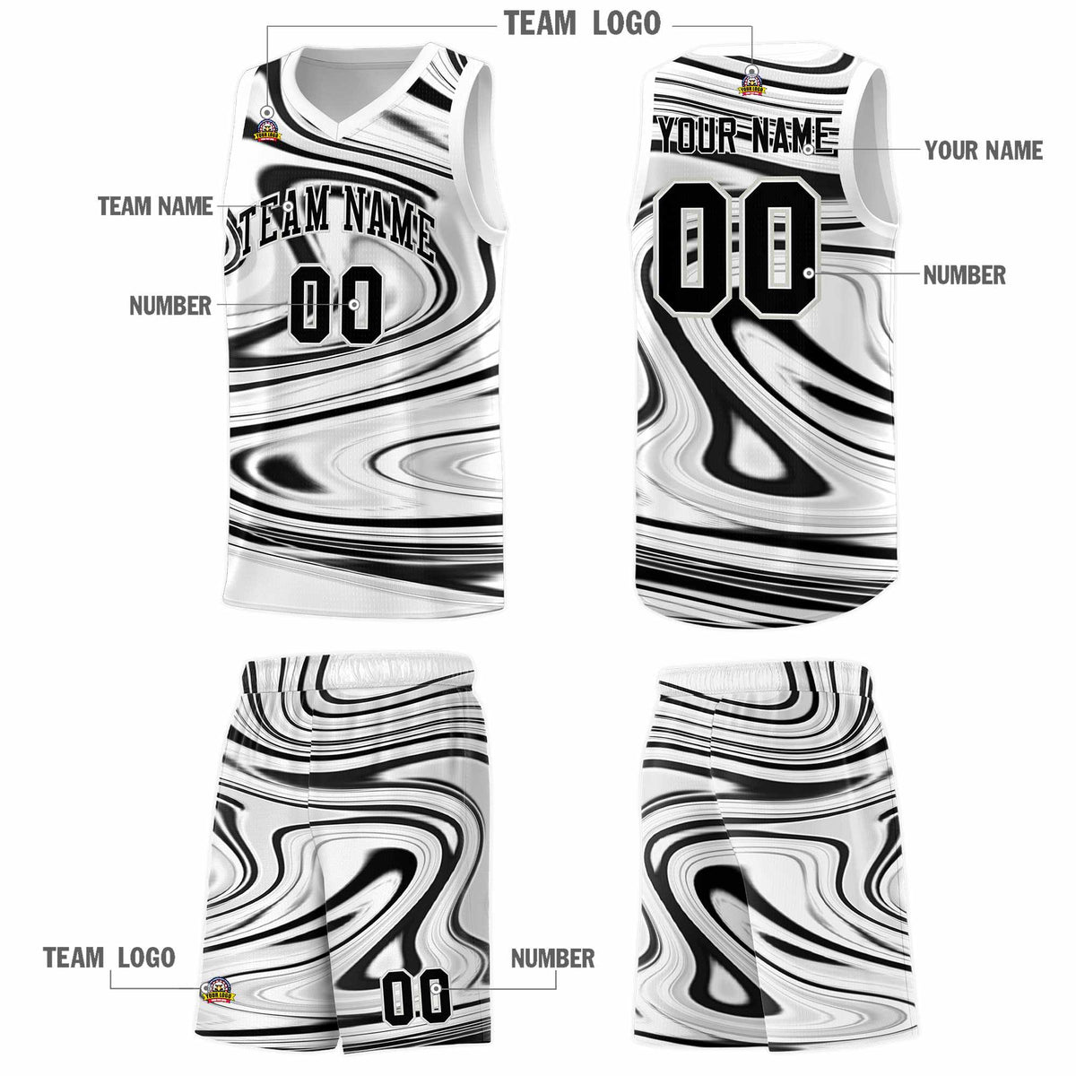 Custom White Black Graffiti Pattern Fluids Style Sports Uniform Basketball Jersey Sets