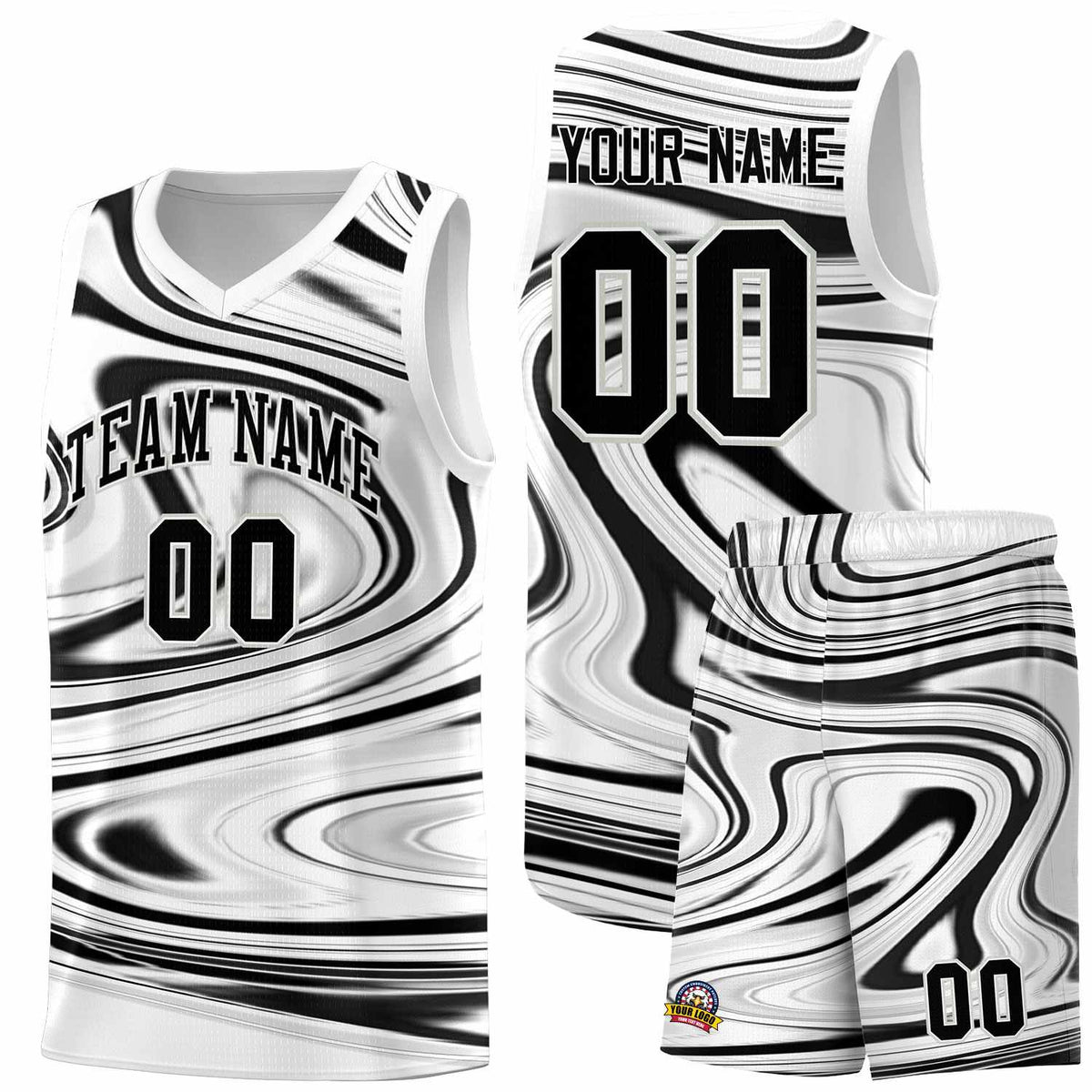 Custom White Black Graffiti Pattern Fluids Style Sports Uniform Basketball Jersey Sets