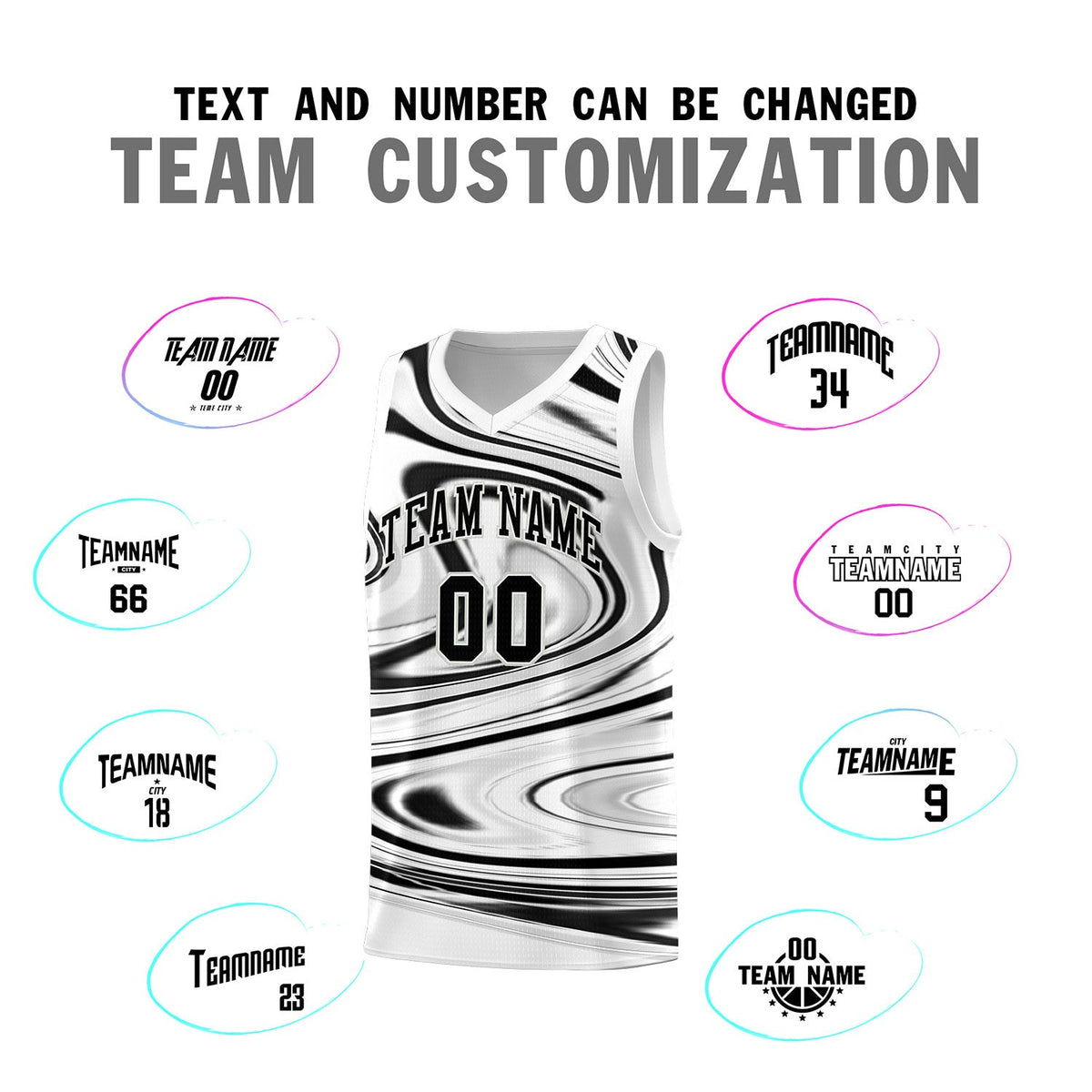 Custom White Black Graffiti Pattern Fluids Style Sports Uniform Basketball Jersey Sets