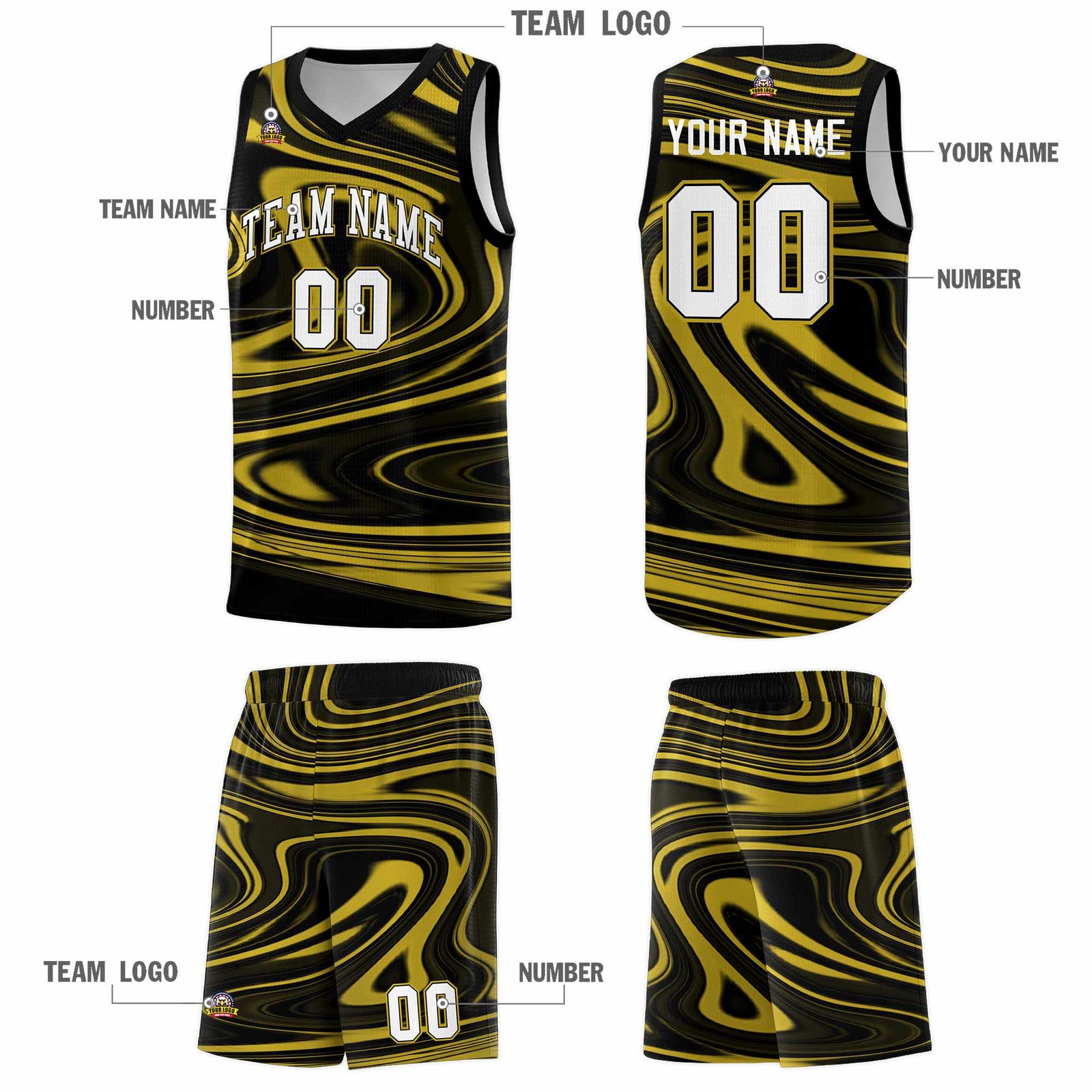 Custom Black Old Gold Graffiti Pattern Fluids Style Sports Uniform Basketball Jersey Sets