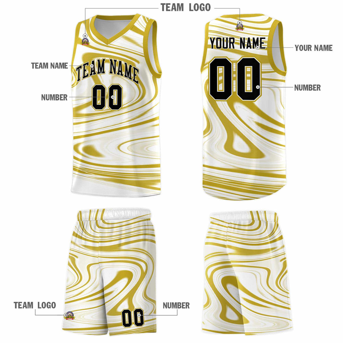 Custom White Old Gold Graffiti Pattern Fluids Style Sports Uniform Basketball Jersey Sets