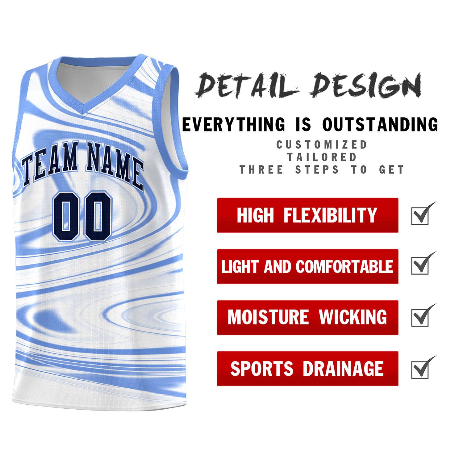Custom White Light Blue Graffiti Pattern Fluids Style Sports Uniform Basketball Jersey Sets