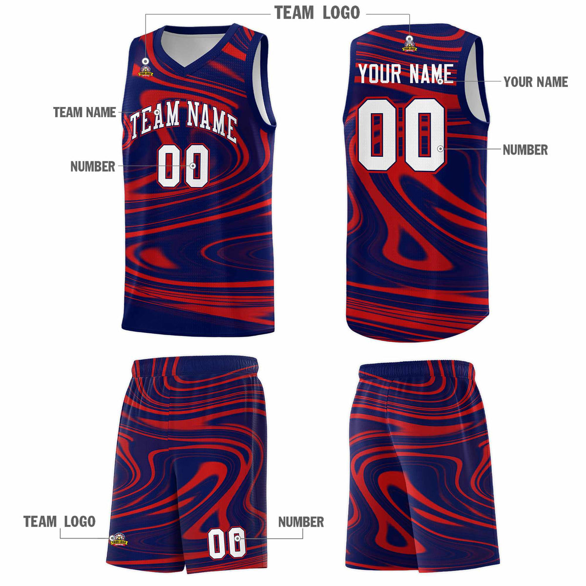Custom Navy Red Graffiti Pattern Fluids Style Sports Uniform Basketball Jersey Sets
