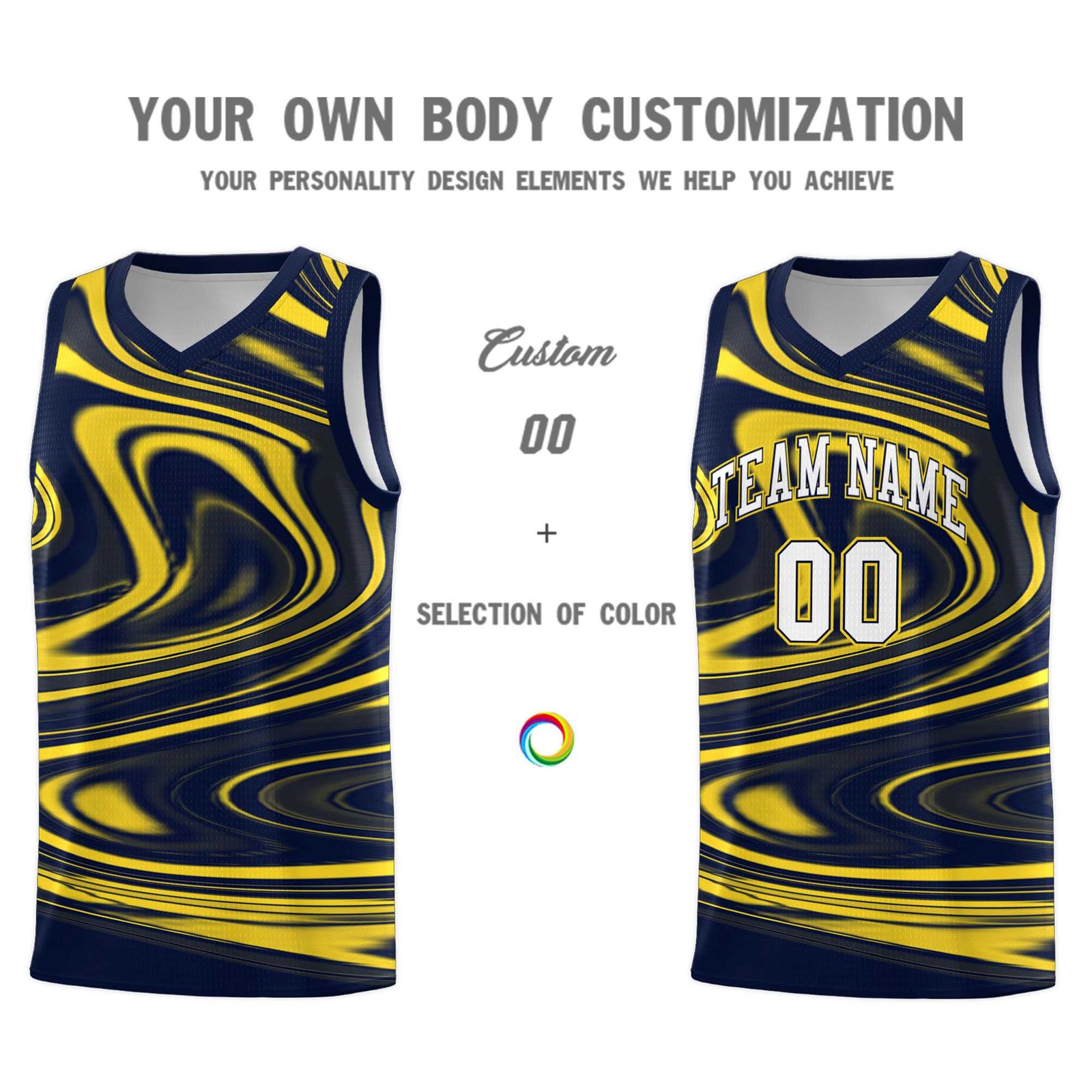 Custom Navy Gold Graffiti Pattern Fluids Style Sports Uniform Basketball Jersey Sets