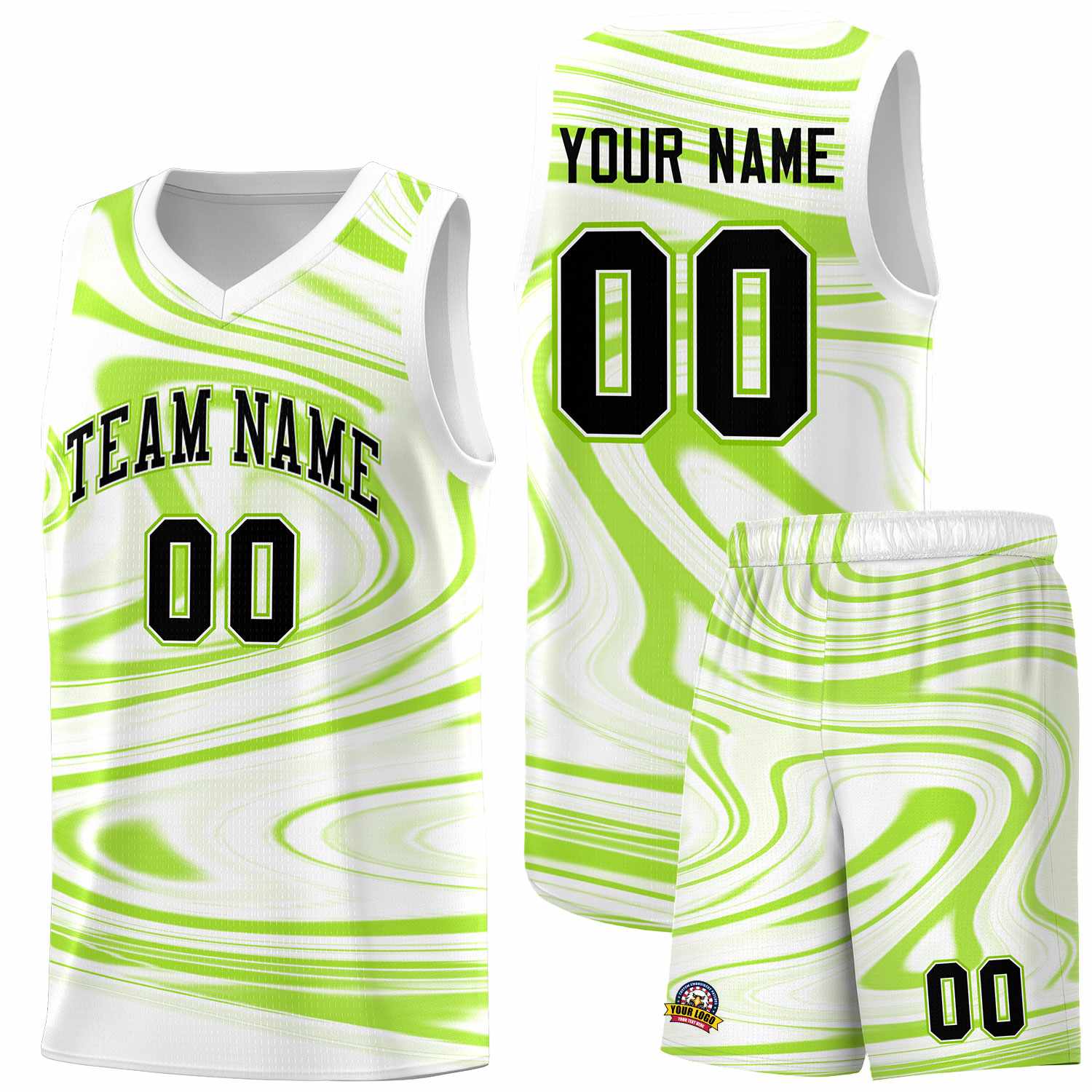 Custom White Light Green Graffiti Pattern Fluids Style Sports Uniform Basketball Jersey Sets