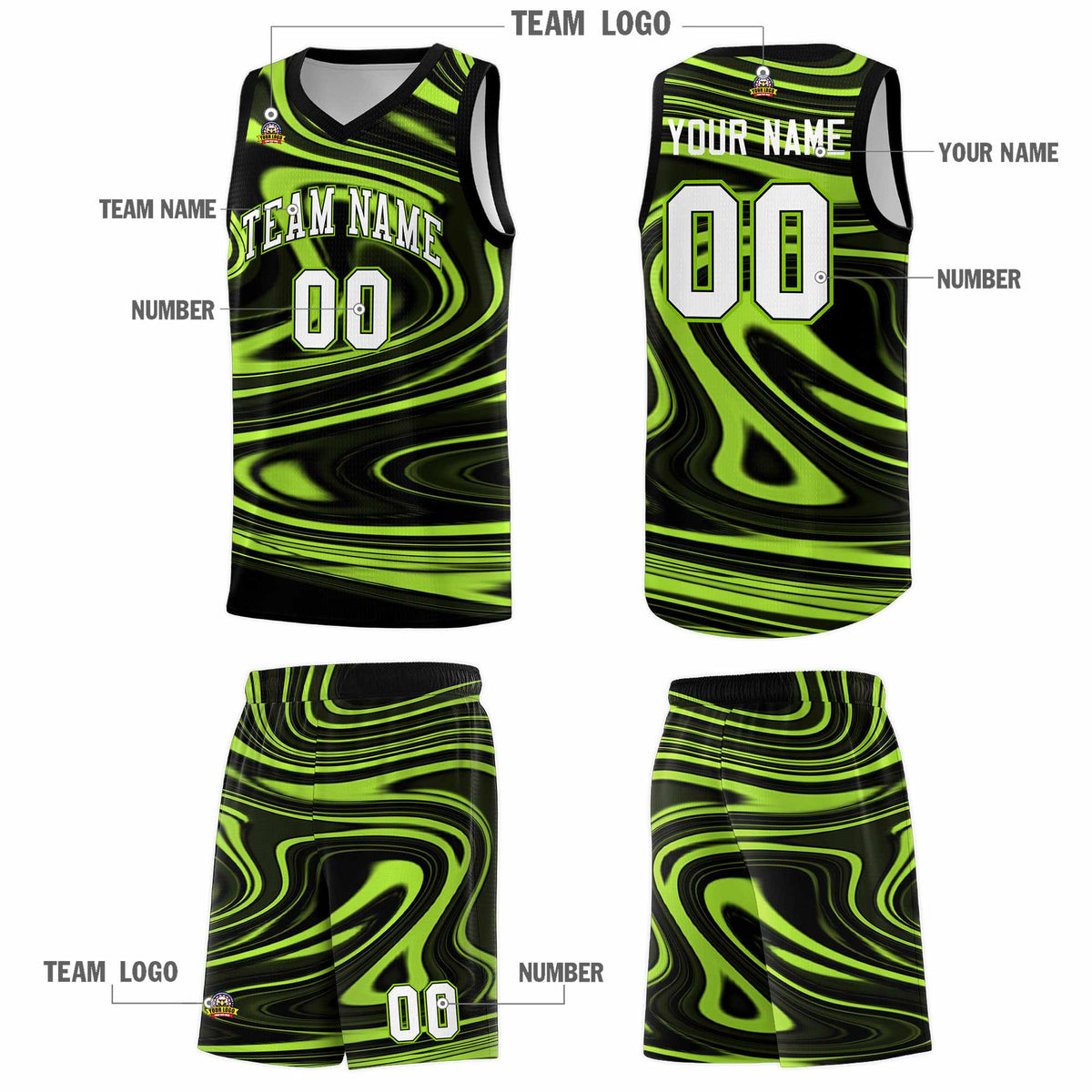 Custom Black Light Green Graffiti Pattern Fluids Style Sports Uniform Basketball Jersey Sets