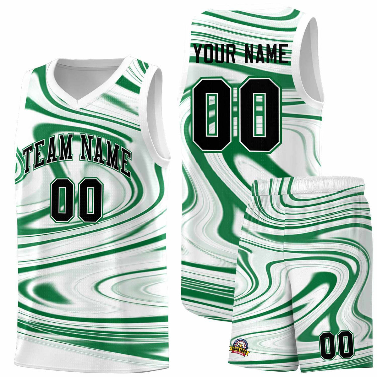 Custom White Kelly Green Graffiti Pattern Fluids Style Sports Uniform Basketball Jersey Sets