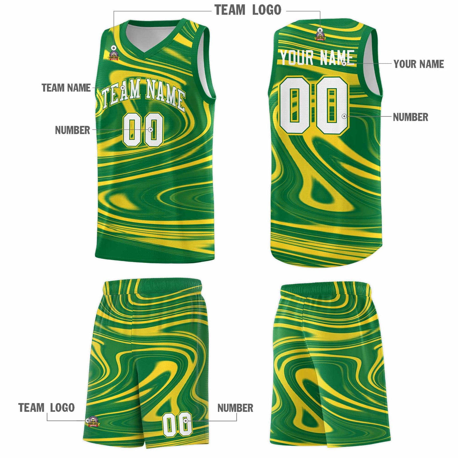 Custom Kelly Green Gold Graffiti Pattern Fluids Style Sports Uniform Basketball Jersey Sets