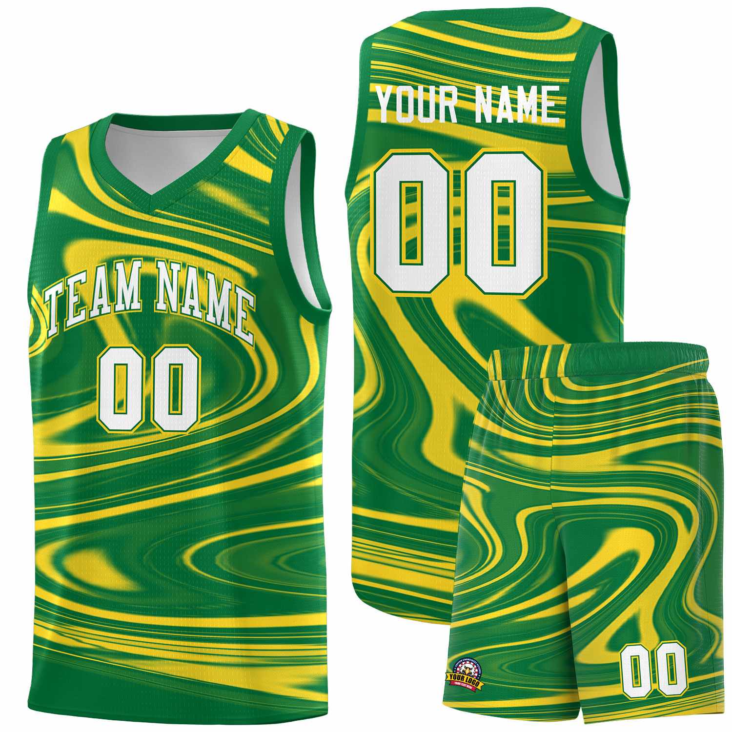 Custom Kelly Green Gold Graffiti Pattern Fluids Style Sports Uniform Basketball Jersey Sets