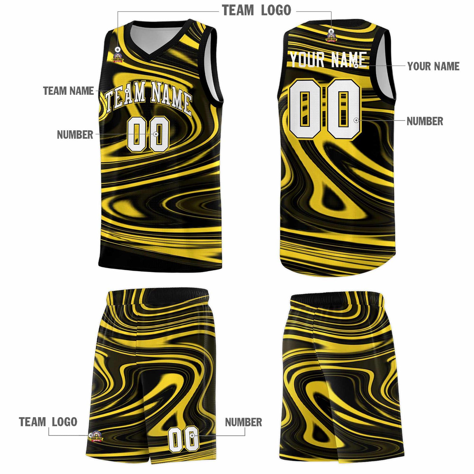 Custom Black Gold Graffiti Pattern Fluids Style Sports Uniform Basketball Jersey Sets