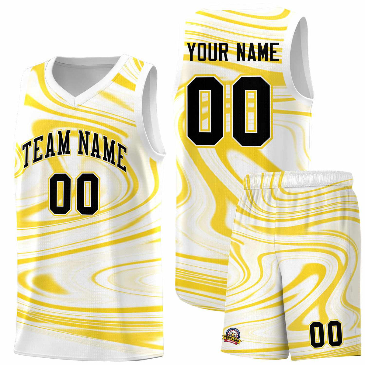 Custom White Gold Graffiti Pattern Fluids Style Sports Uniform Basketball Jersey Sets