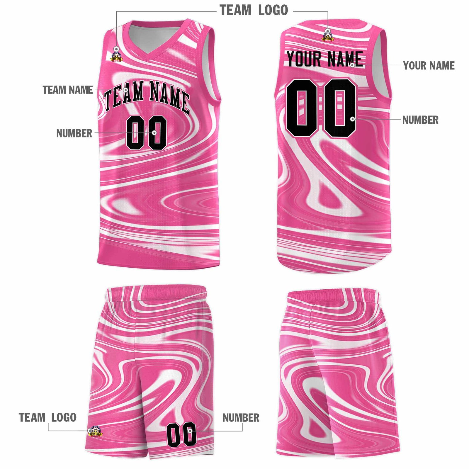Custom Pink White Graffiti Pattern Fluids Style Sports Uniform Basketball Jersey Sets