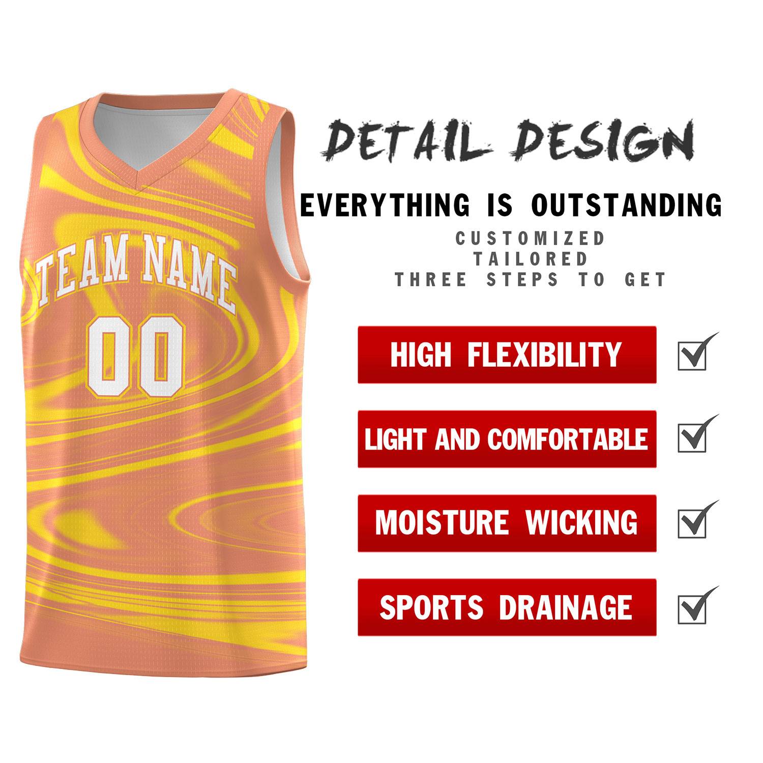 Custom Light Orange Gold Graffiti Pattern Fluids Style Sports Uniform Basketball Jersey Sets