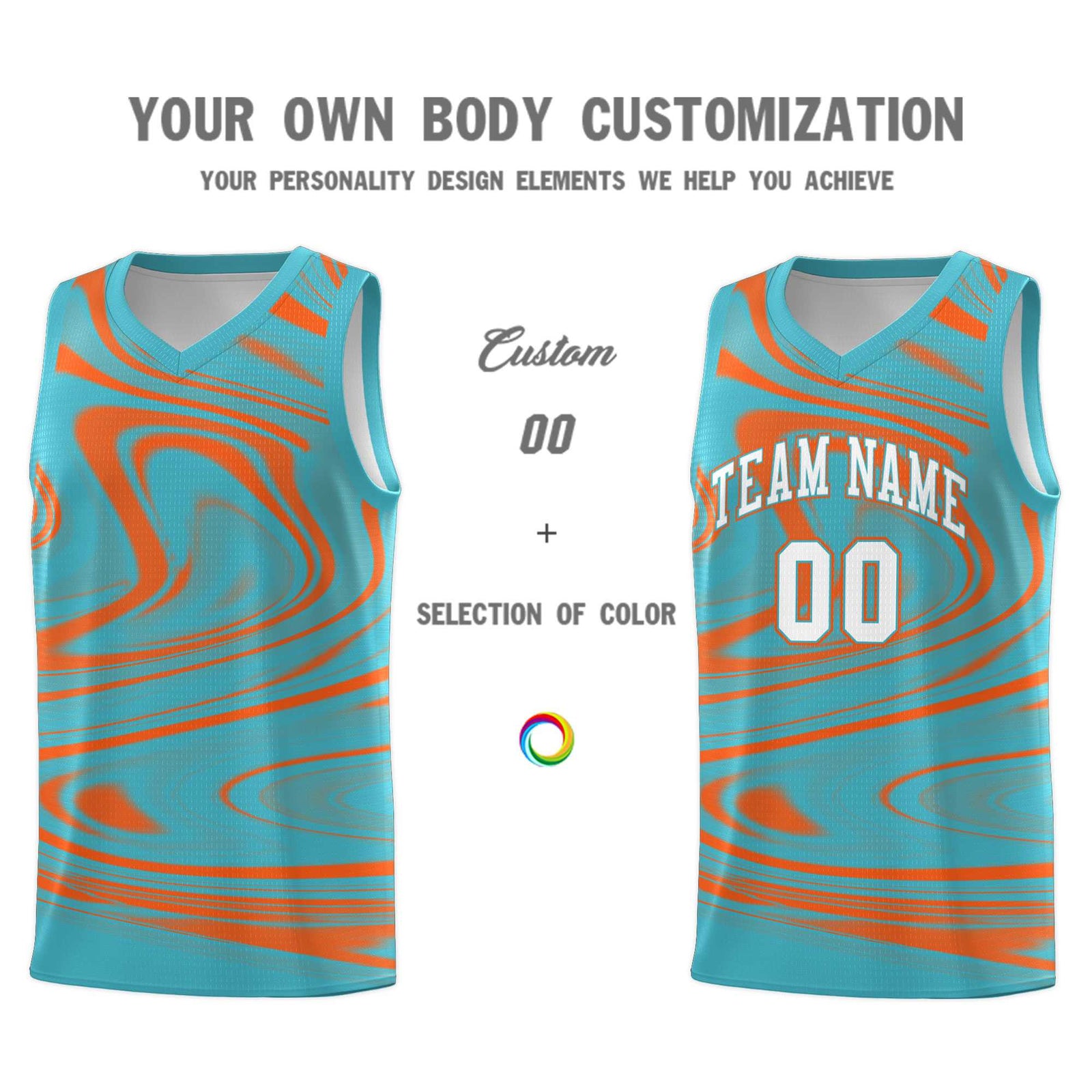 Custom Aqua Orange Graffiti Pattern Fluids Style Sports Uniform Basketball Jersey Sets