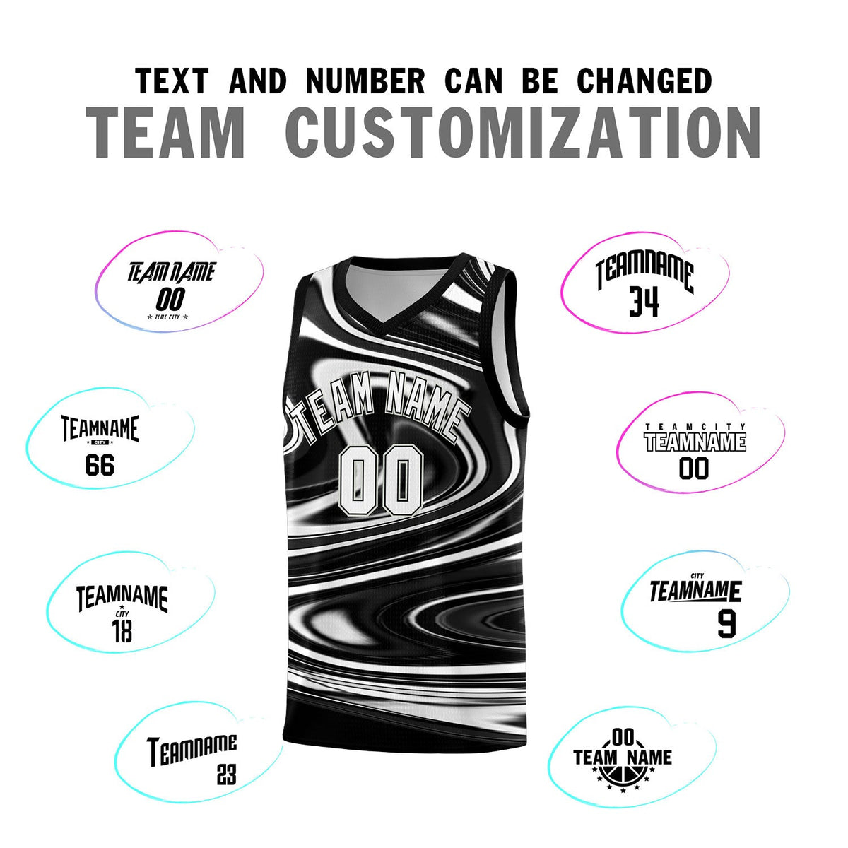 Custom Black White Graffiti Pattern Fluids Style Sports Uniform Basketball Jersey Sets