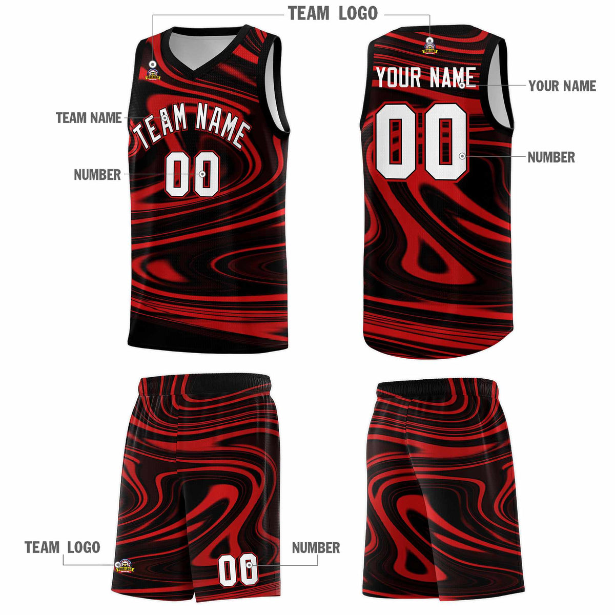 Custom Black Red Graffiti Pattern Fluids Style Sports Uniform Basketball Jersey Sets