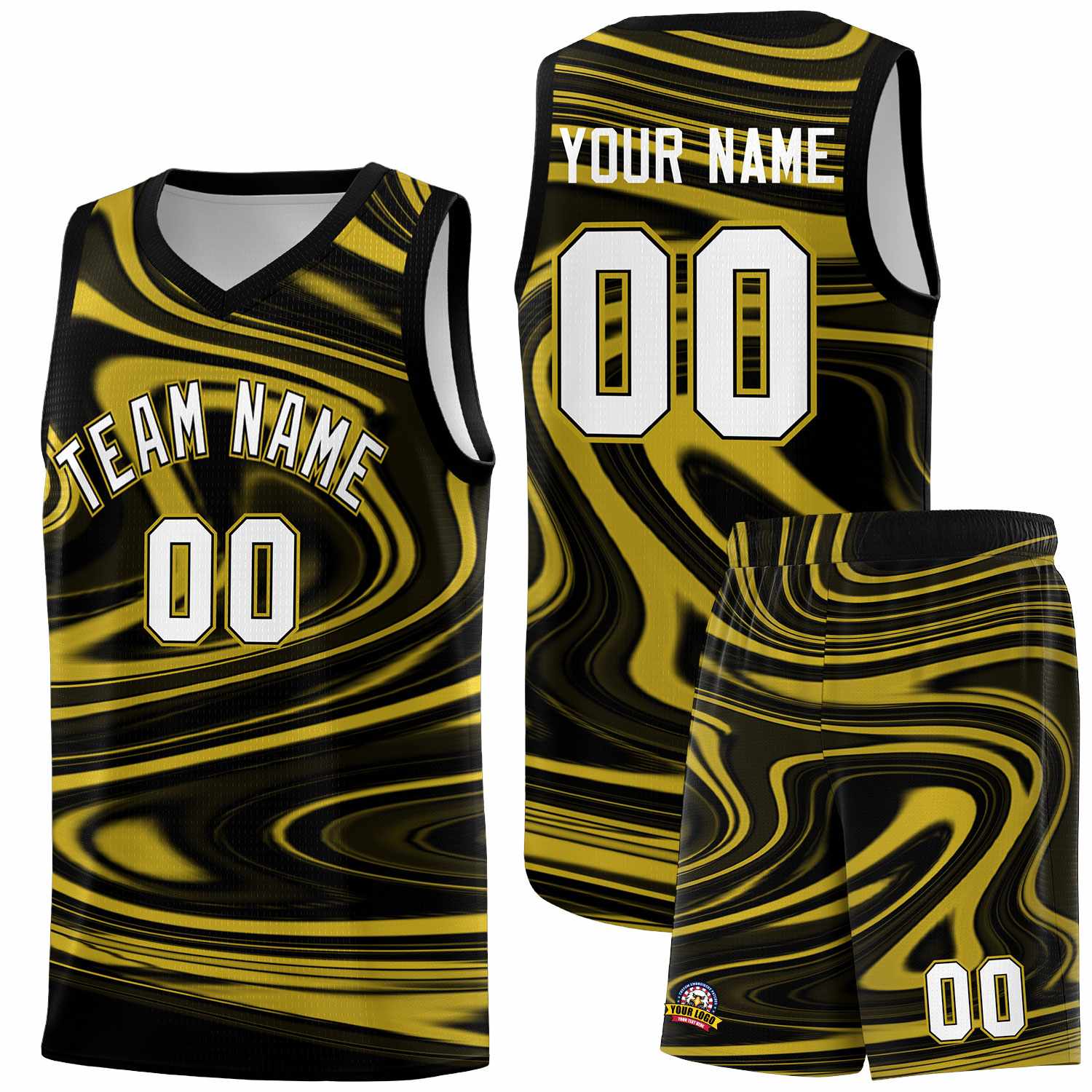 Custom Black Old Gold Graffiti Pattern Fluids Style Sports Uniform Basketball Jersey Sets