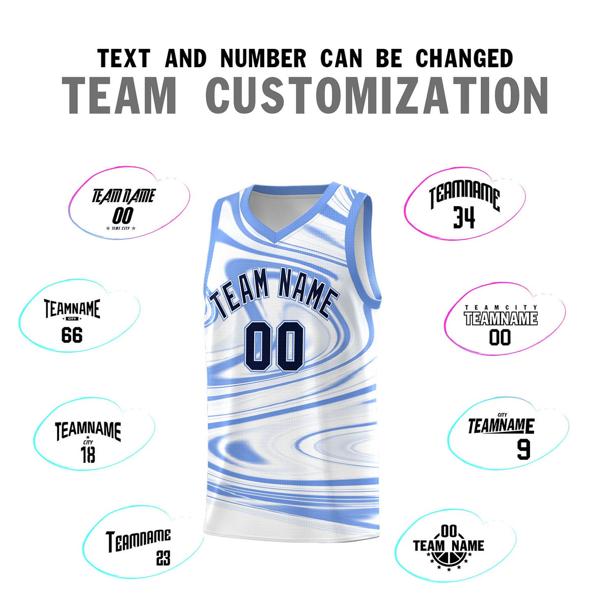Custom White Light Blue Graffiti Pattern Fluids Style Sports Uniform Basketball Jersey Sets