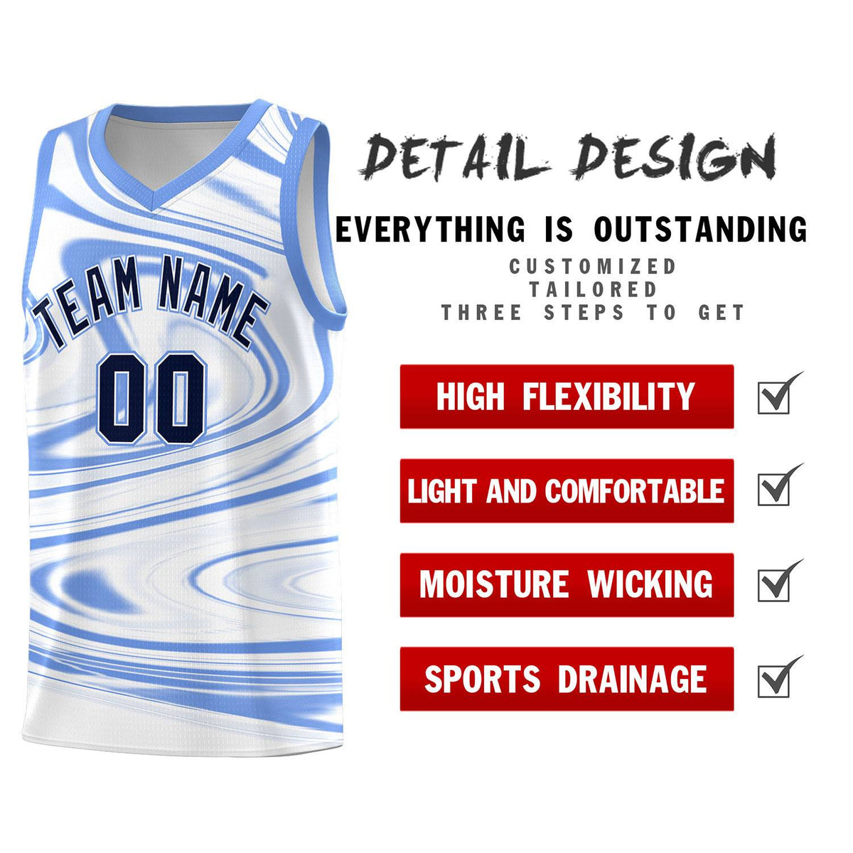 Custom White Light Blue Graffiti Pattern Fluids Style Sports Uniform Basketball Jersey Sets