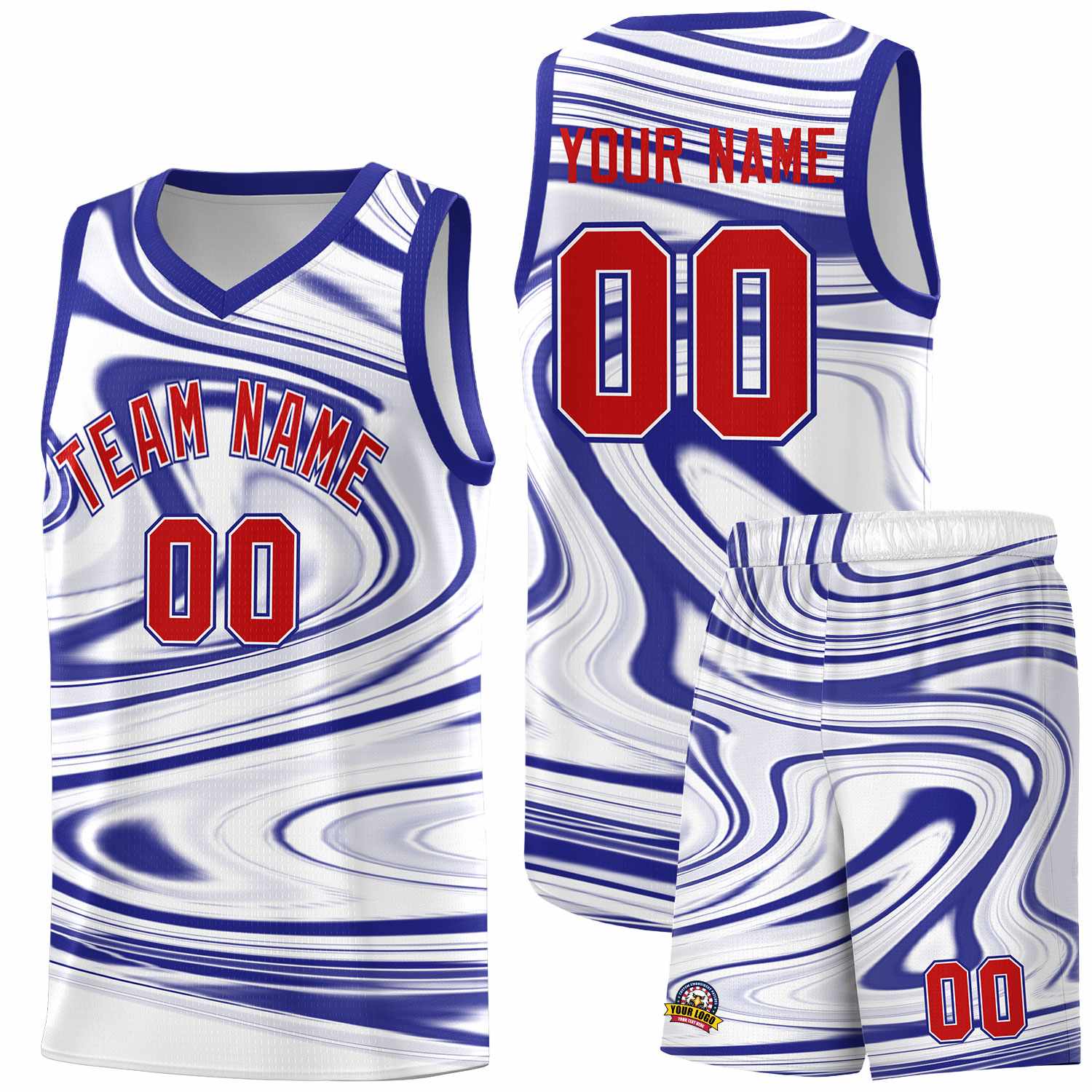 Custom White Royal Graffiti Pattern Fluids Style Sports Uniform Basketball Jersey Sets