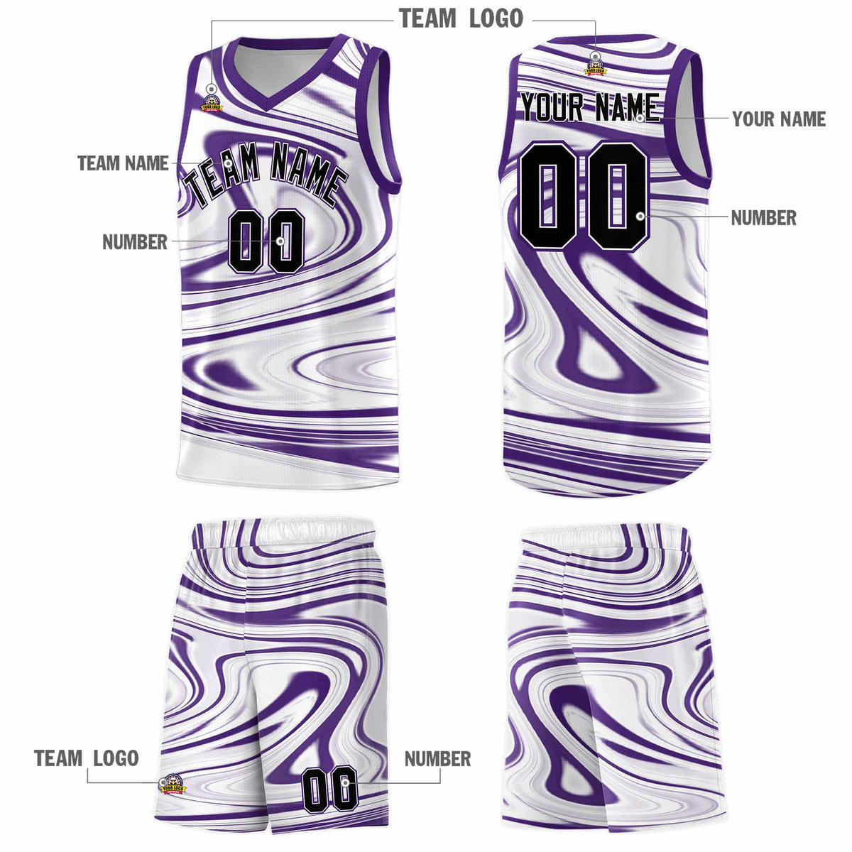 Custom White Purple Graffiti Pattern Fluids Style Sports Uniform Basketball Jersey Sets