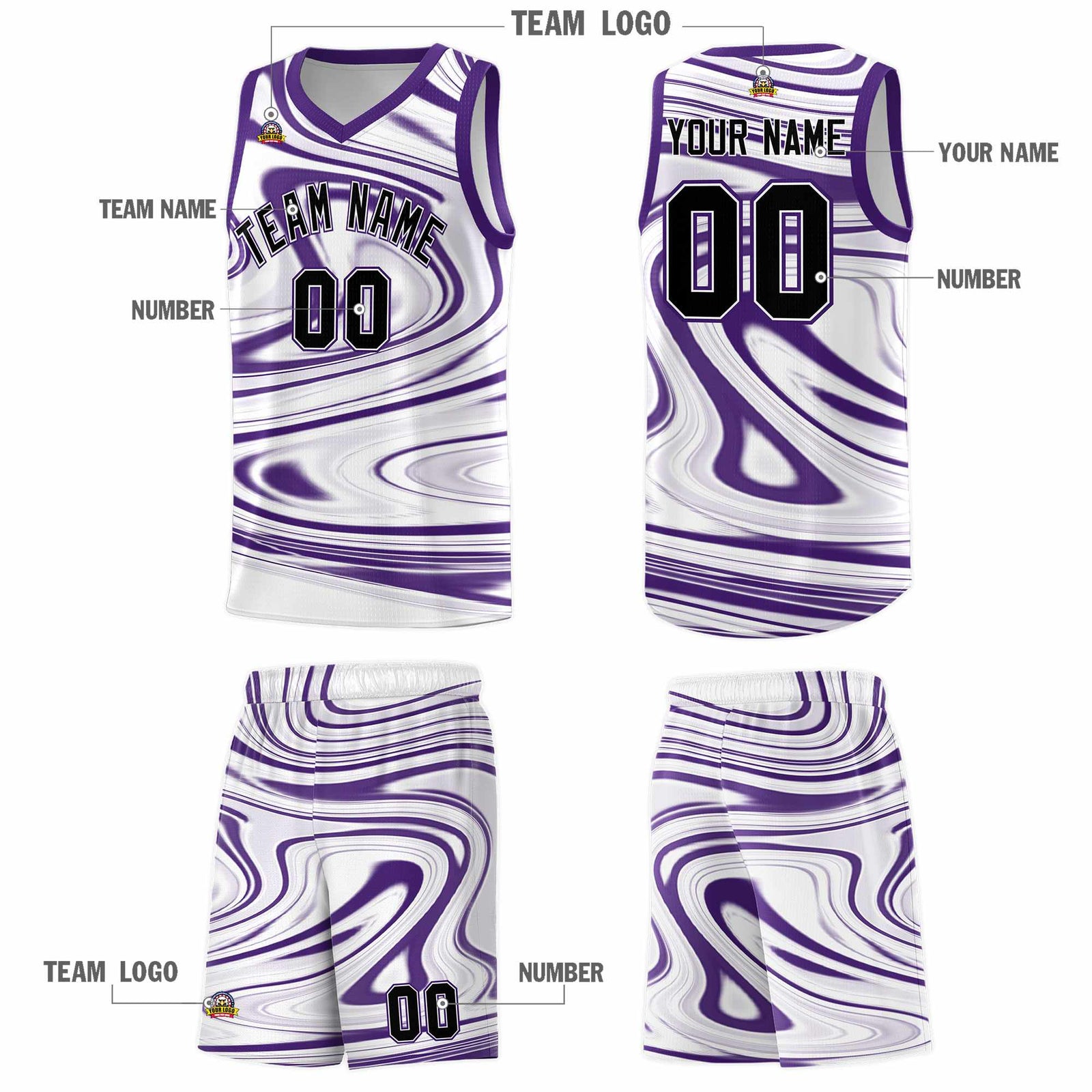 Custom White Purple Graffiti Pattern Fluids Style Sports Uniform Basketball Jersey Sets
