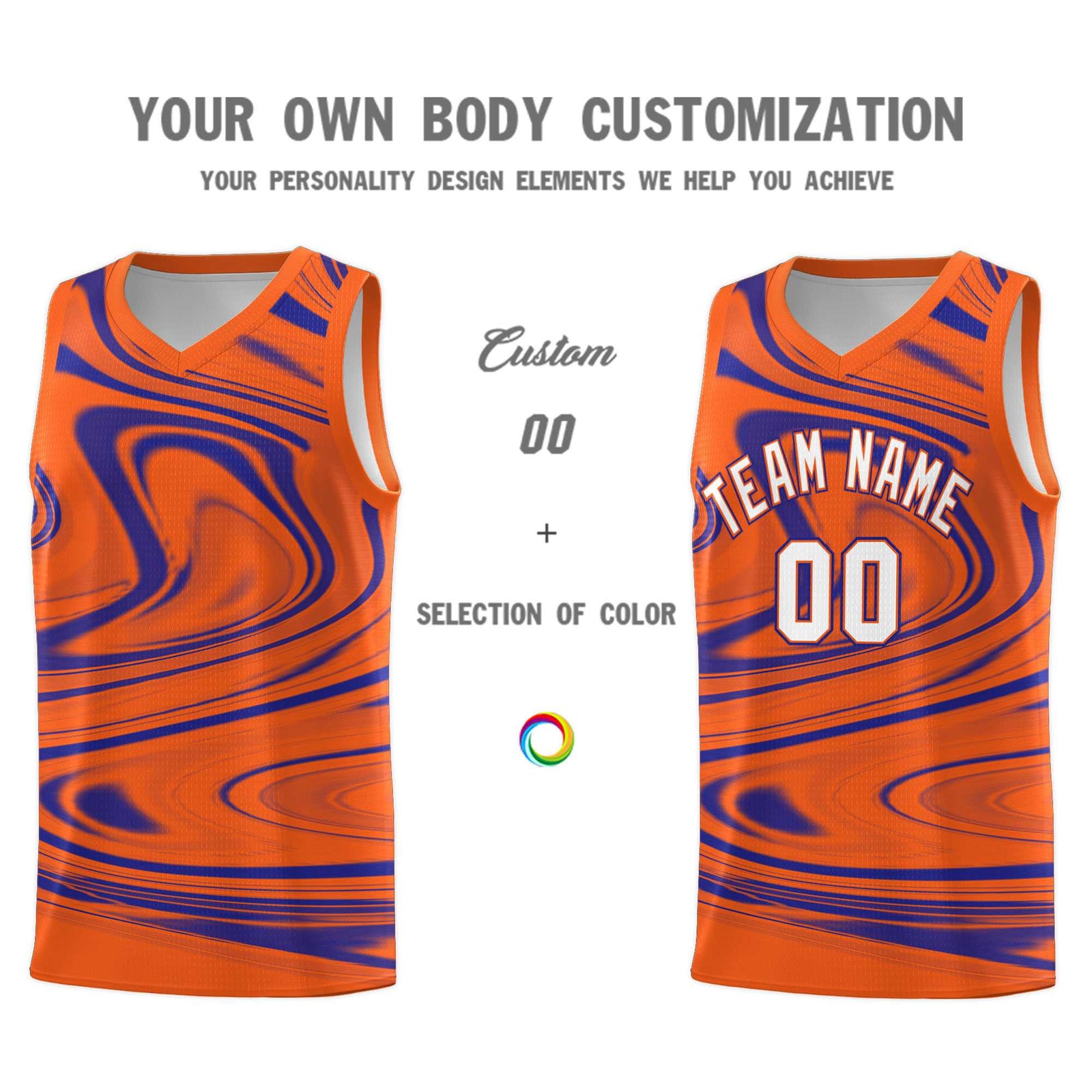 Custom Orange Royal Graffiti Pattern Fluids Style Sports Uniform Basketball Jersey Sets
