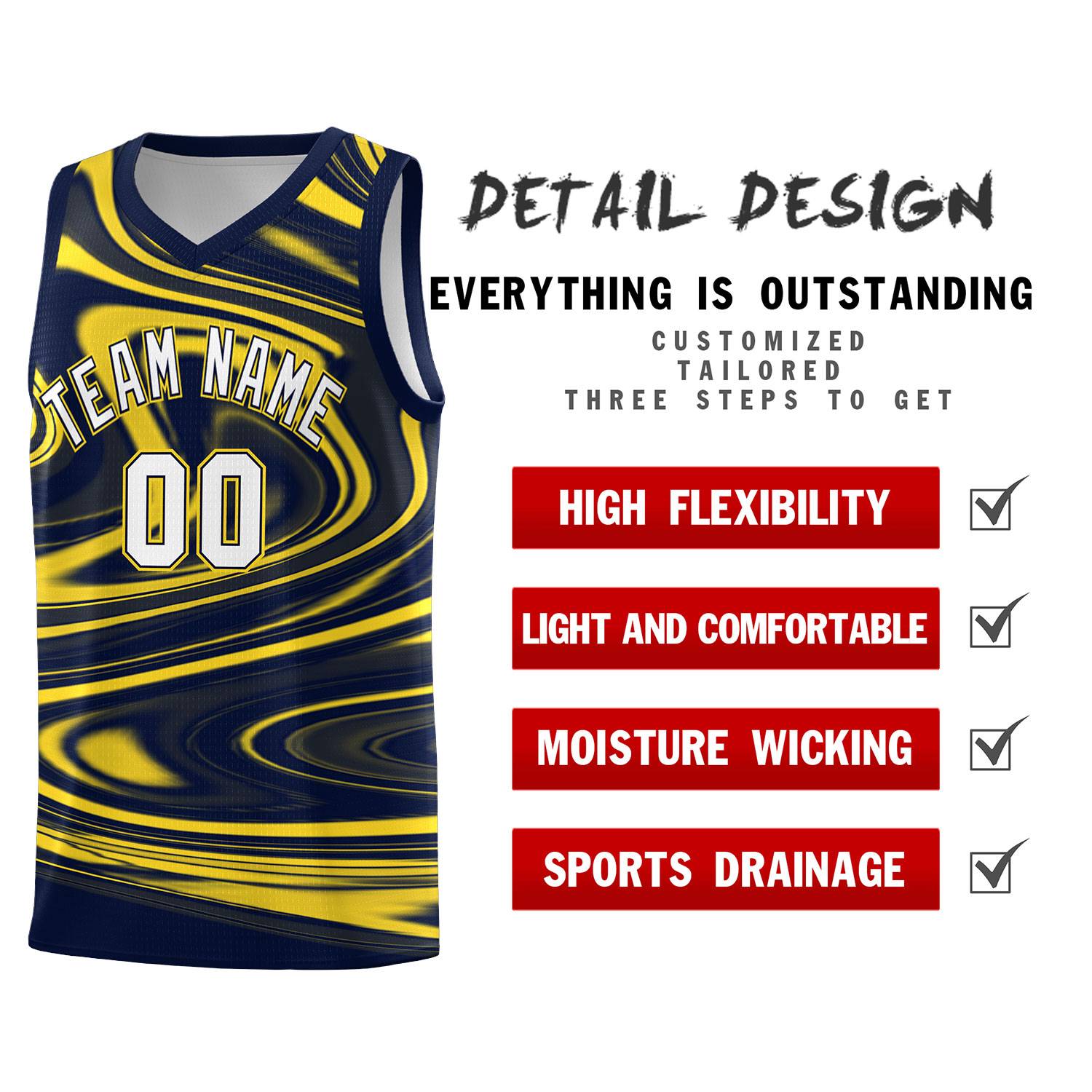 Custom Navy Gold Graffiti Pattern Fluids Style Sports Uniform Basketball Jersey Sets