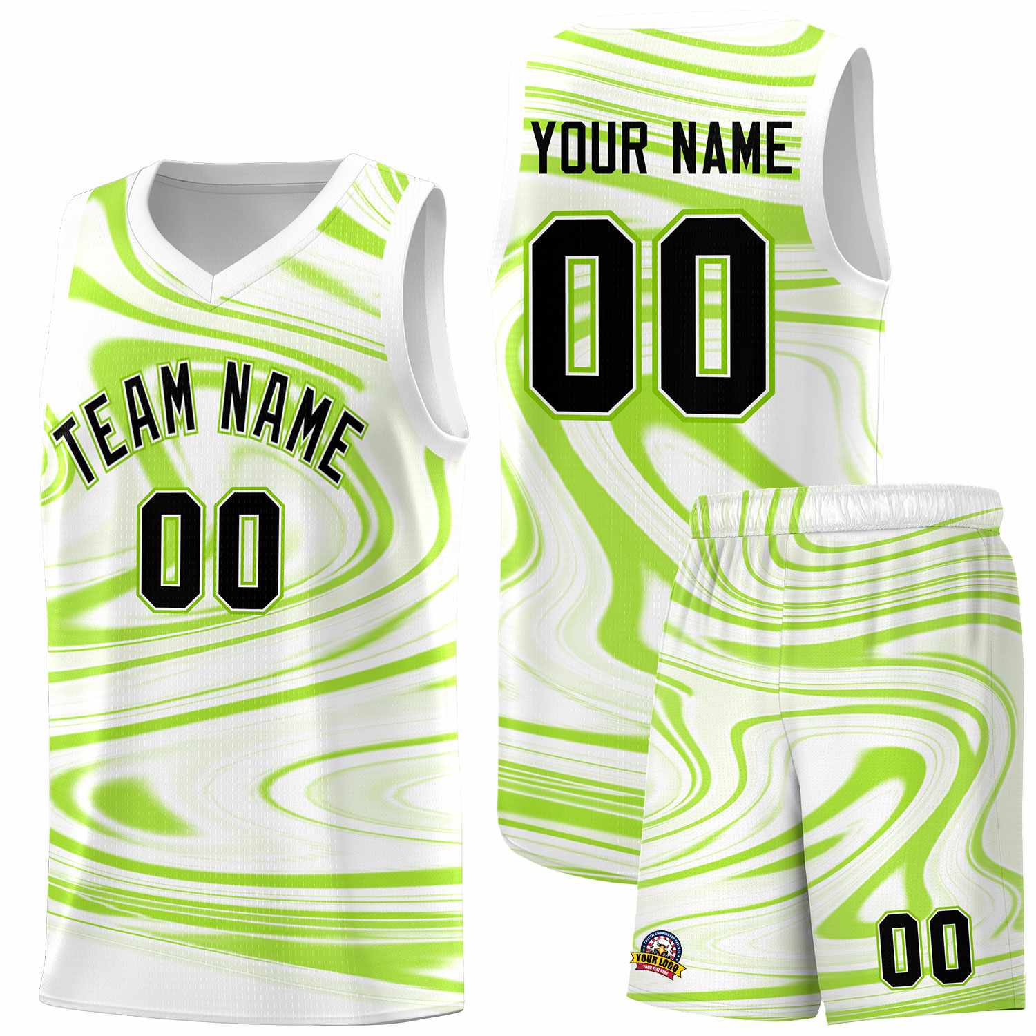 Custom White Light Green Graffiti Pattern Fluids Style Sports Uniform Basketball Jersey Sets