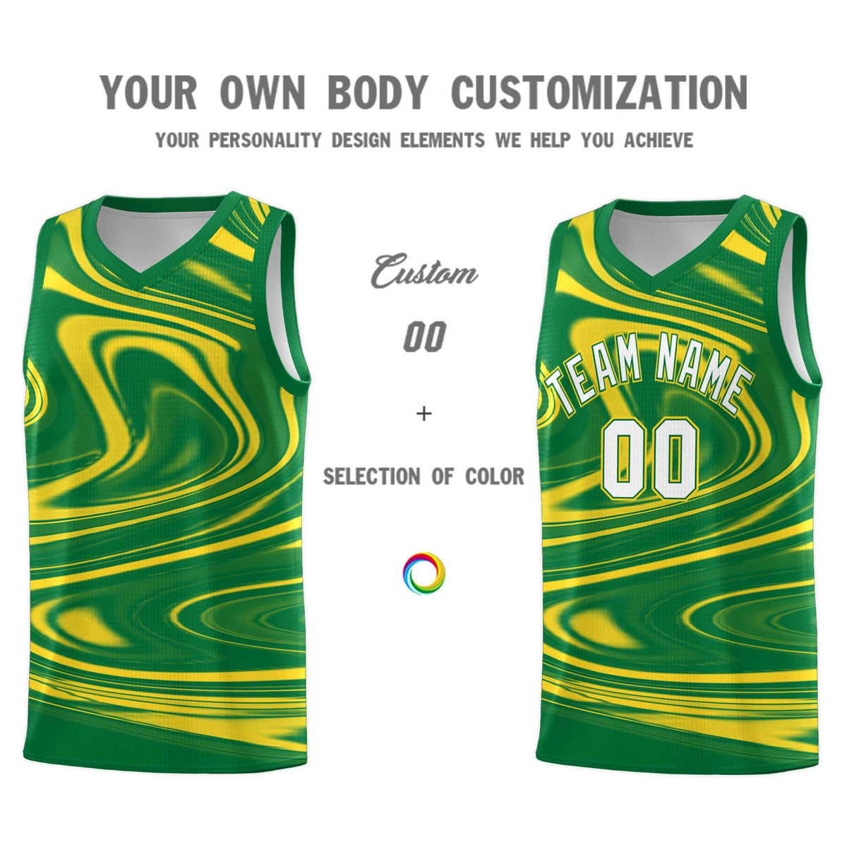 Custom Kelly Green Gold Graffiti Pattern Fluids Style Sports Uniform Basketball Jersey Sets