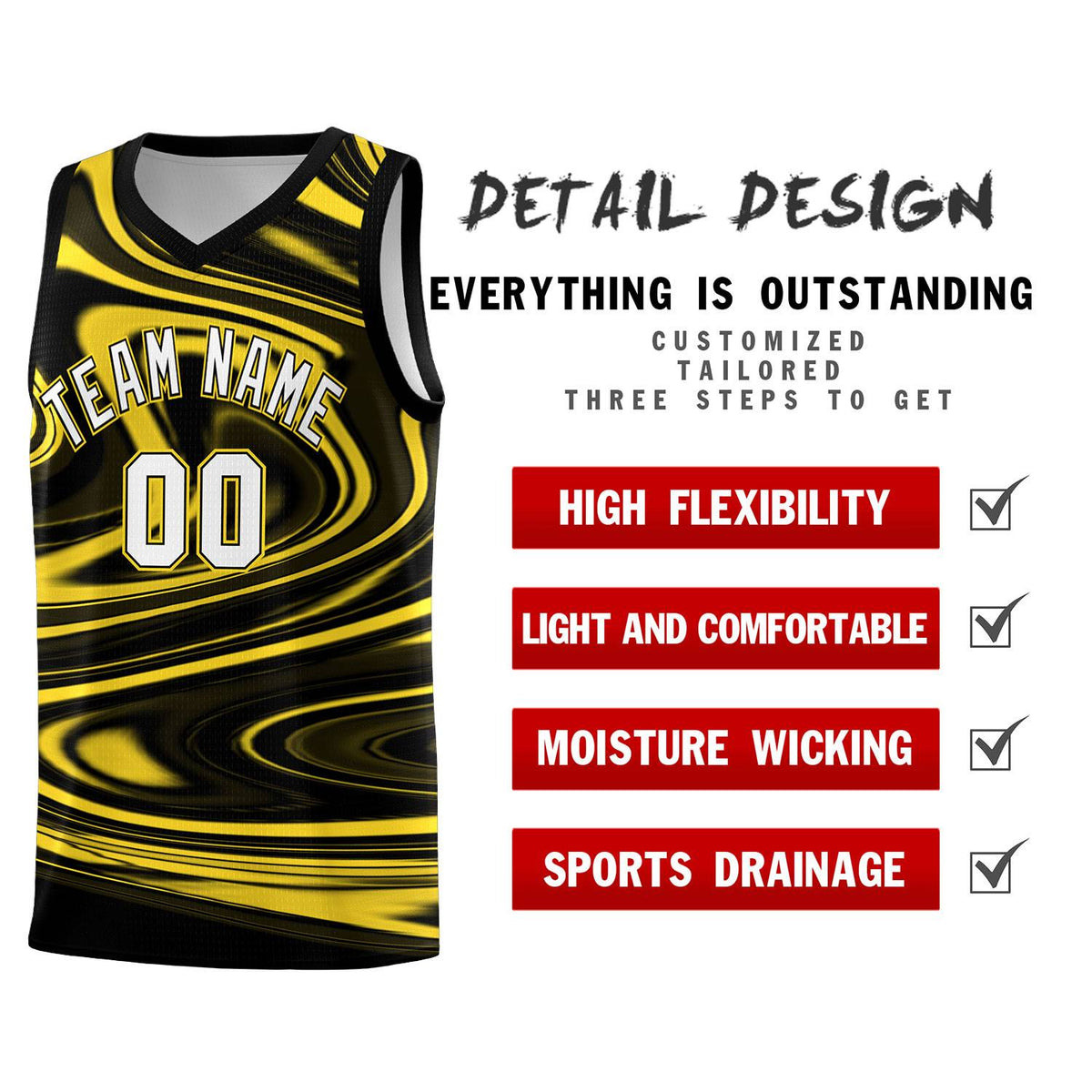 Custom Black Gold Graffiti Pattern Fluids Style Sports Uniform Basketball Jersey Sets