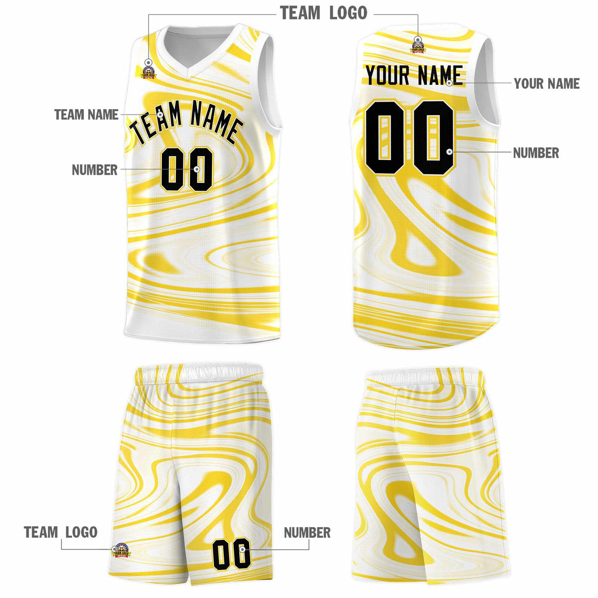 Custom White Gold Graffiti Pattern Fluids Style Sports Uniform Basketball Jersey Sets