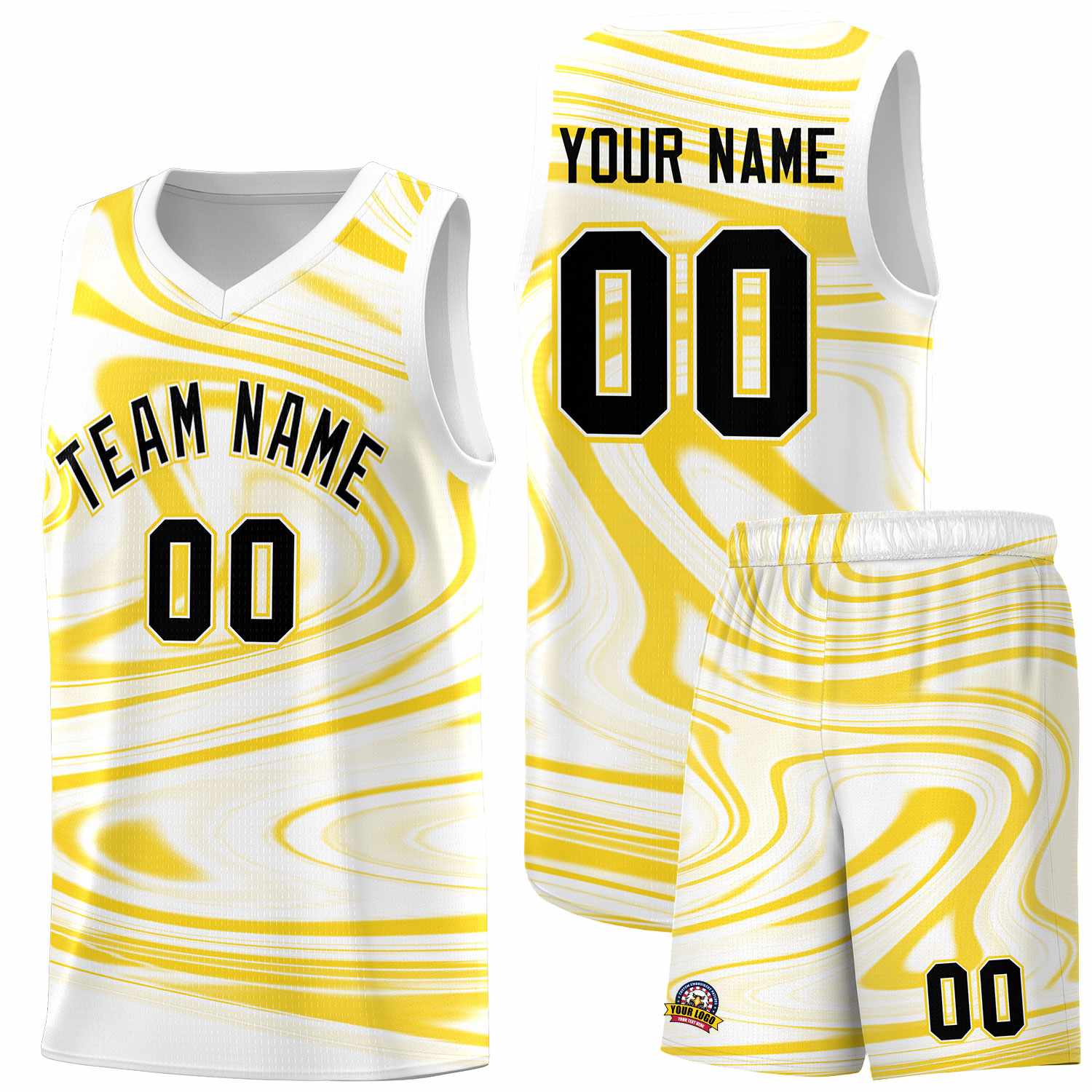 Custom White Gold Graffiti Pattern Fluids Style Sports Uniform Basketball Jersey Sets