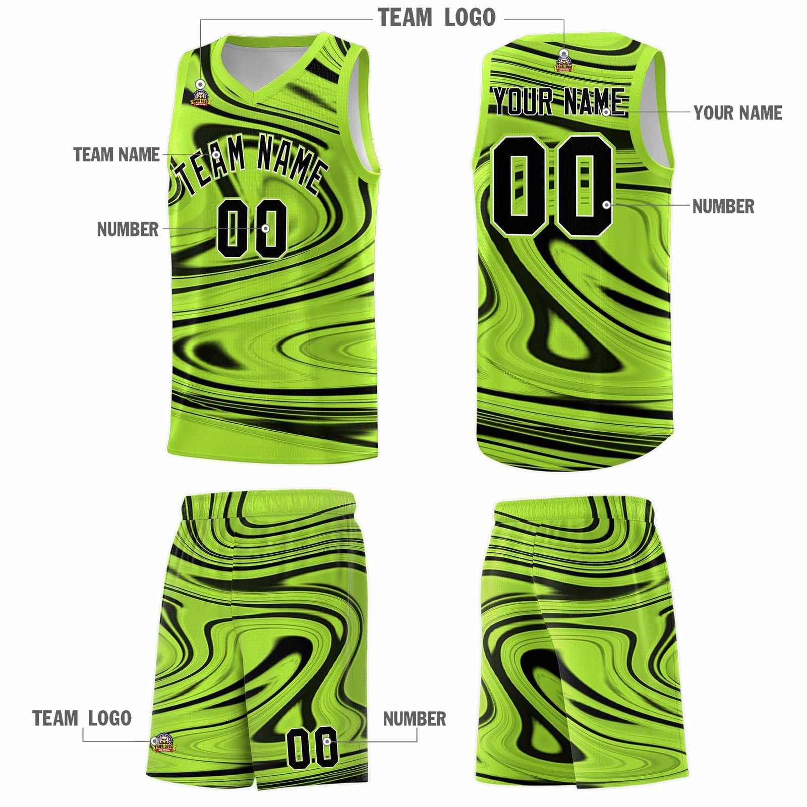 Custom Light Green Black Graffiti Pattern Fluids Style Sports Uniform Basketball Jersey Sets
