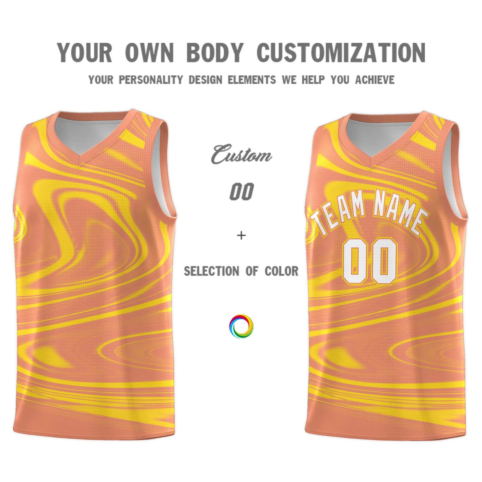 Custom Light Orange Gold Graffiti Pattern Fluids Style Sports Uniform Basketball Jersey Sets