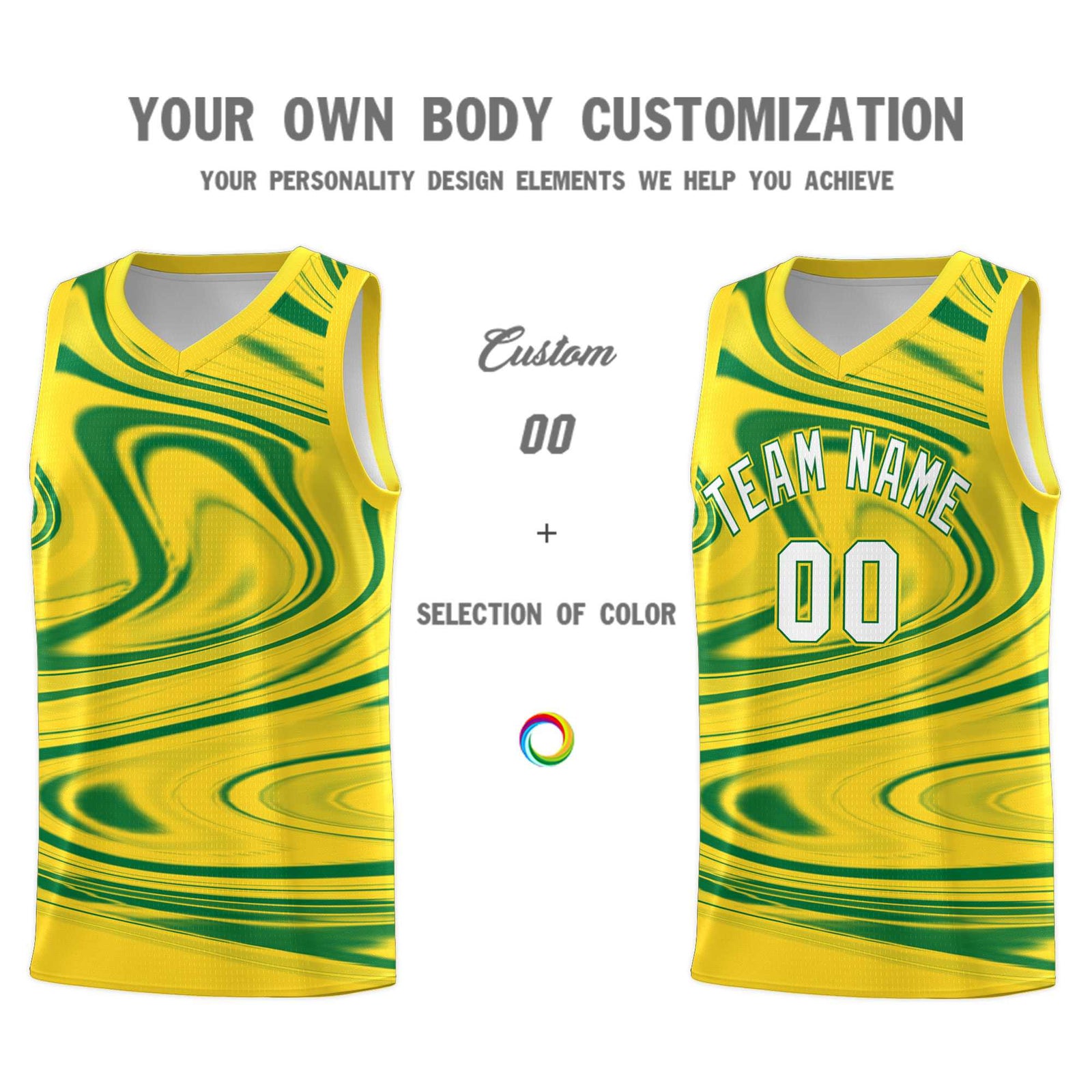 Custom Gold Kelly Green Graffiti Pattern Fluids Style Sports Uniform Basketball Jersey Sets