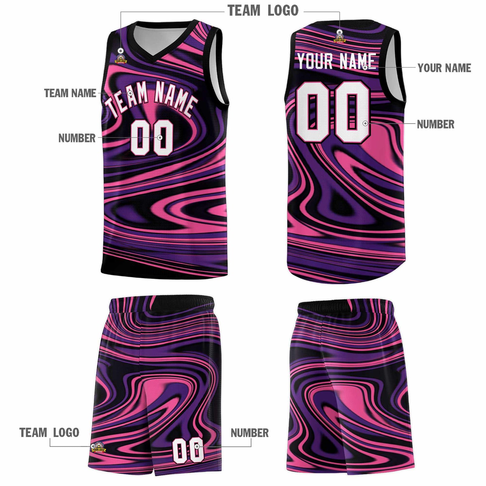 Custom Black Purple Graffiti Pattern Fluids Style Sports Uniform Basketball Jersey Sets