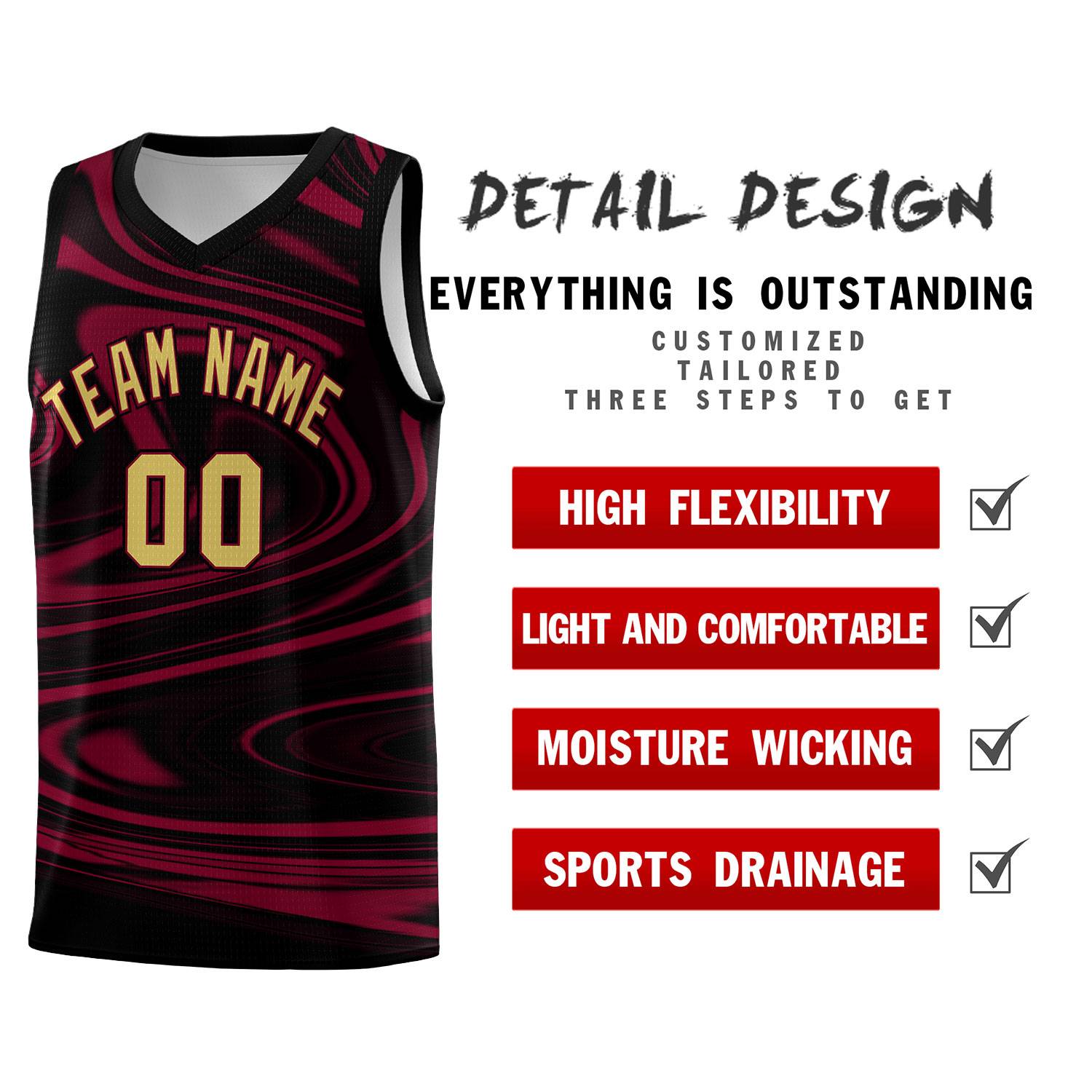 Custom Black Crimson Graffiti Pattern Fluids Style Sports Uniform Basketball Jersey Sets