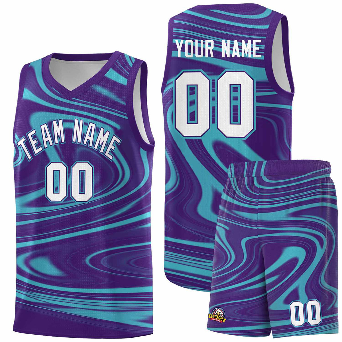 Custom Purple Aqua Graffiti Pattern Fluids Style Sports Uniform Basketball Jersey Sets