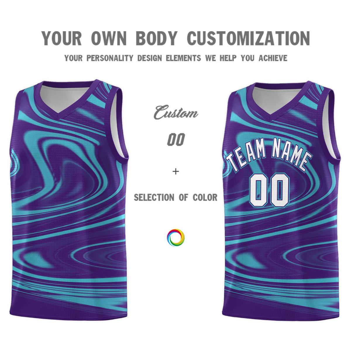 Custom Purple Aqua Graffiti Pattern Fluids Style Sports Uniform Basketball Jersey Sets